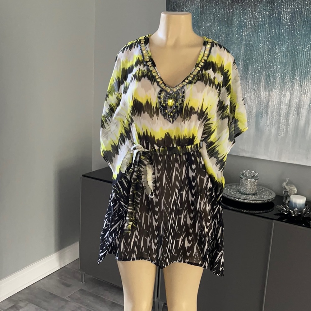 New Club collection beach cover up dress black green  small